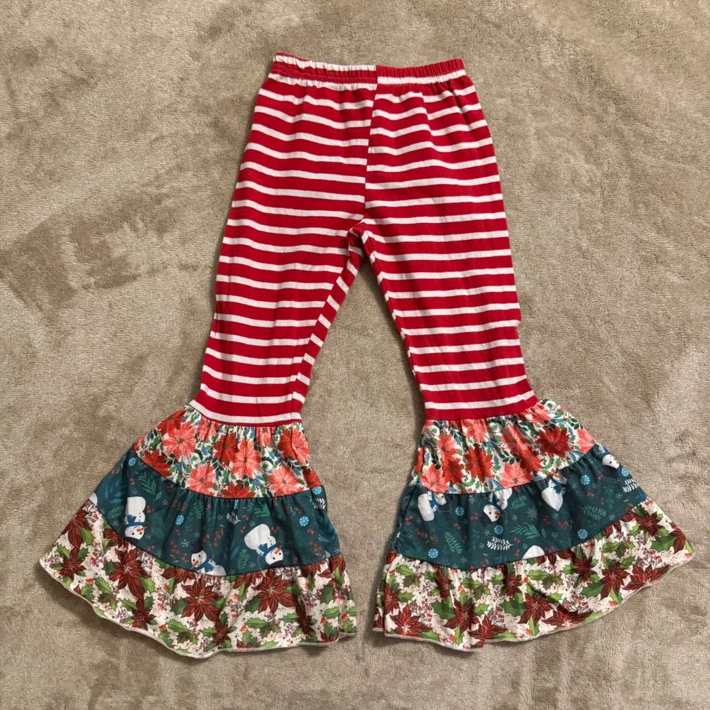 Kids Christmas Patchwork Tunic & Bell Bottom Pants Set Snowman Poinsettia 4T